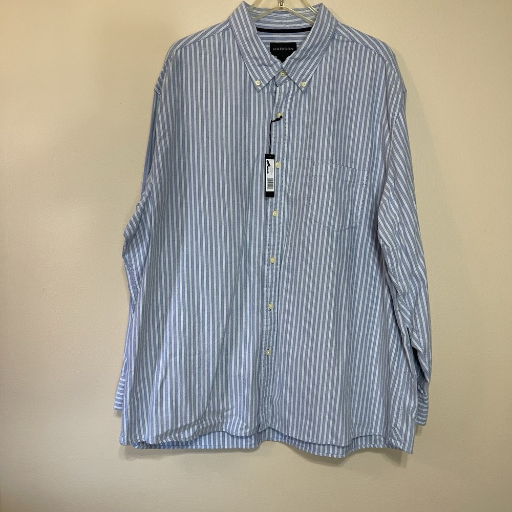 NEW Madison‎ Mens XXL Blue White Striped Long Sleeve Button Down Cotton Shirt